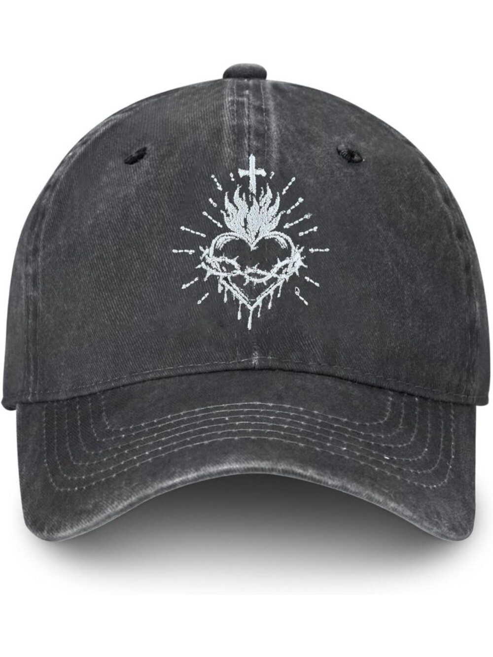 Unisax Goth Heart Polyester Embroidered Adjustable Washed Denim Baseball Hats